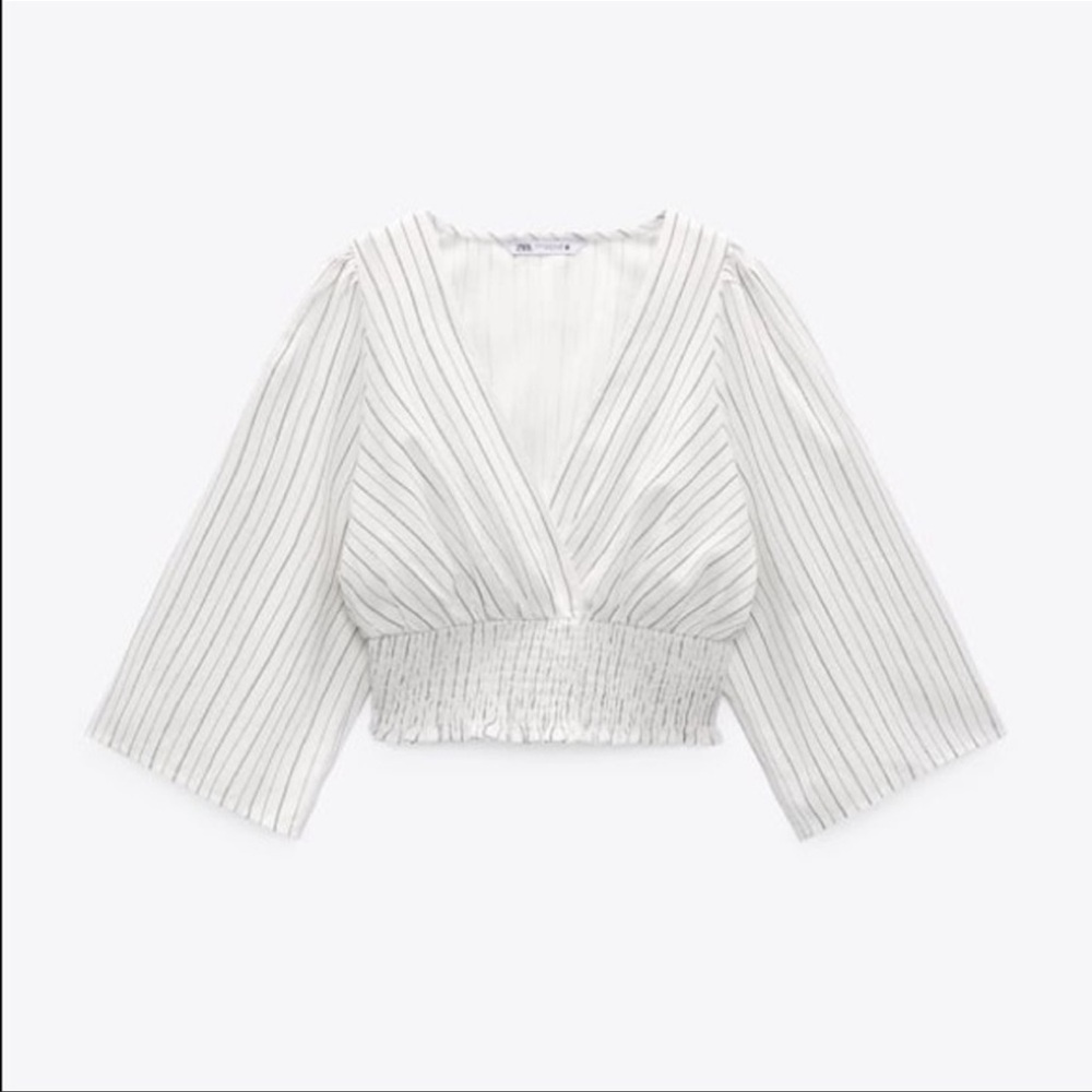 NWT Zara Short Sleeve Striped Linen Blouse Size Medium